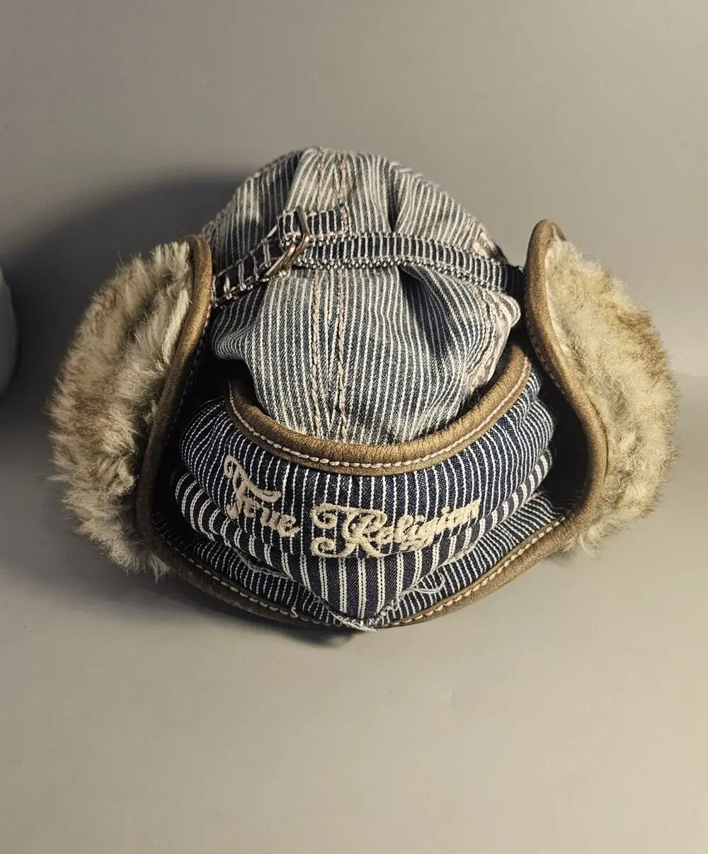 True Religion Fur Trapper Hat Navy Striped with Brown Leather Sz L/XL Adjustable